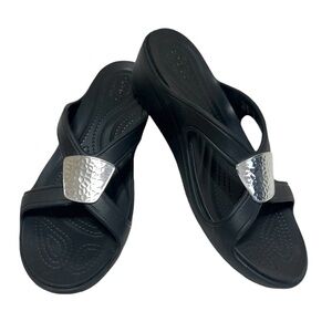 Crocs Sanrah Wedge Black Women’s Slide Silver Ornament Sandal Size 9 W EUC